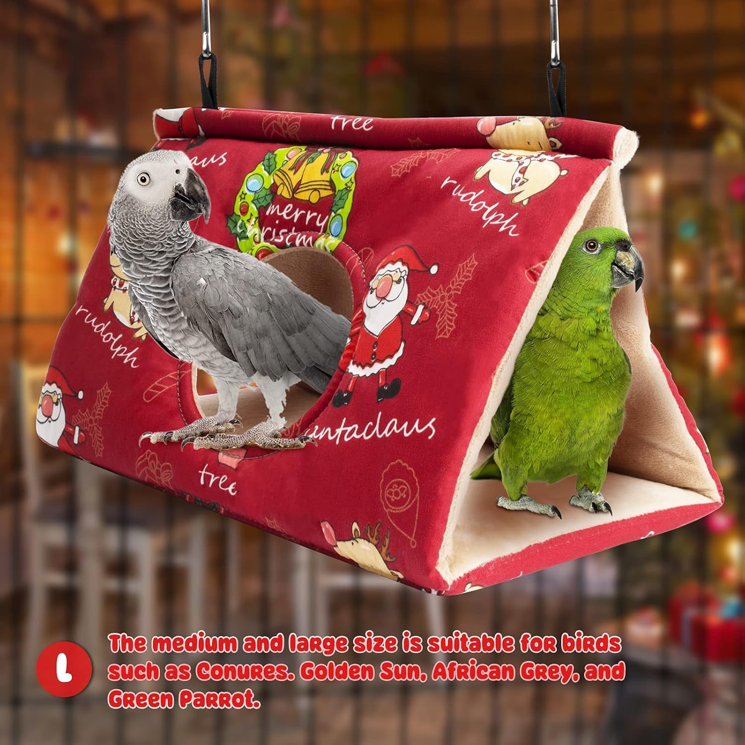 Christmas Bird Bed for Cage - Hanging Hammock Velvet Shed Hut Cage Plush Fluffy Birds Hideaway Sleeping Bed Fuzzy for African Grey Cockatoo and Other Amazon Parrot Small …