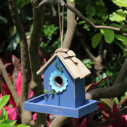 Bird Feeder House for outside Hanging, Wooden Birdhouse Bluebird House Feeder Handcrafted Hut