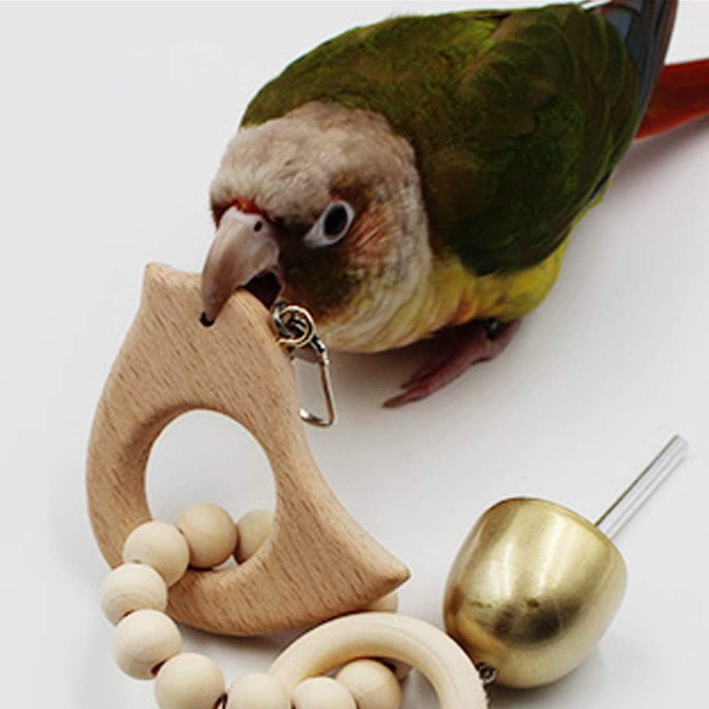 Safe Natural Wood Bird Cage Bite Toy with Bell, Hanging Pet Parrot Chew Play Toy for Sun Conures Monk Parakeets Cockatiels Lovebirds African Grey Cockatoo Amazon,Green-Cheeked Small Medium Budgies