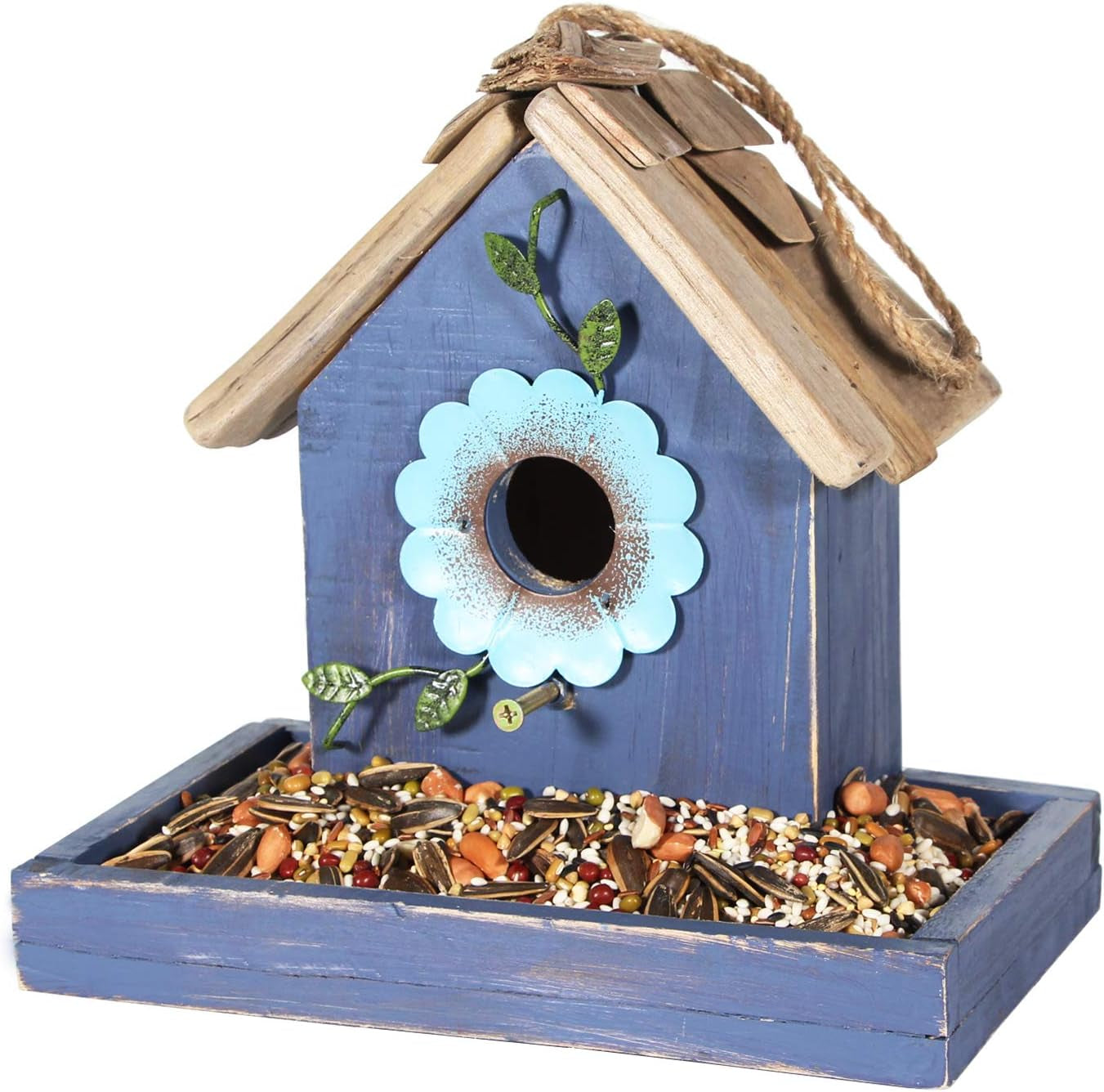Bird Feeder House for outside Hanging, Wooden Birdhouse Bluebird House Feeder Handcrafted Hut