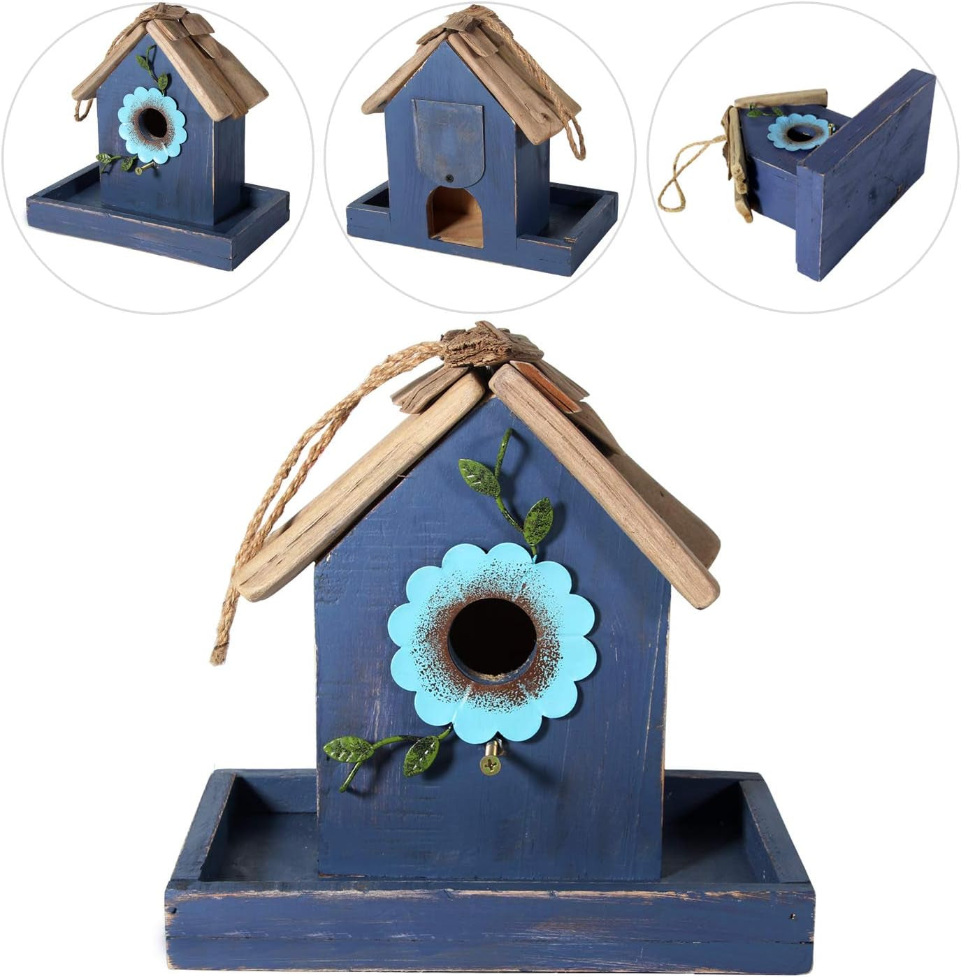 Bird Feeder House for outside Hanging, Wooden Birdhouse Bluebird House Feeder Handcrafted Hut