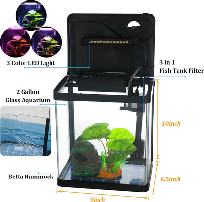 Betta Fish Tank Self Cleaning Glass 2 Gallon Small Nano Aquarium Starter Kits De