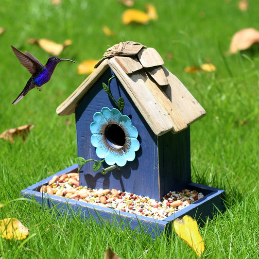 Bird Feeder House for outside Hanging, Wooden Birdhouse Bluebird House Feeder Handcrafted Hut