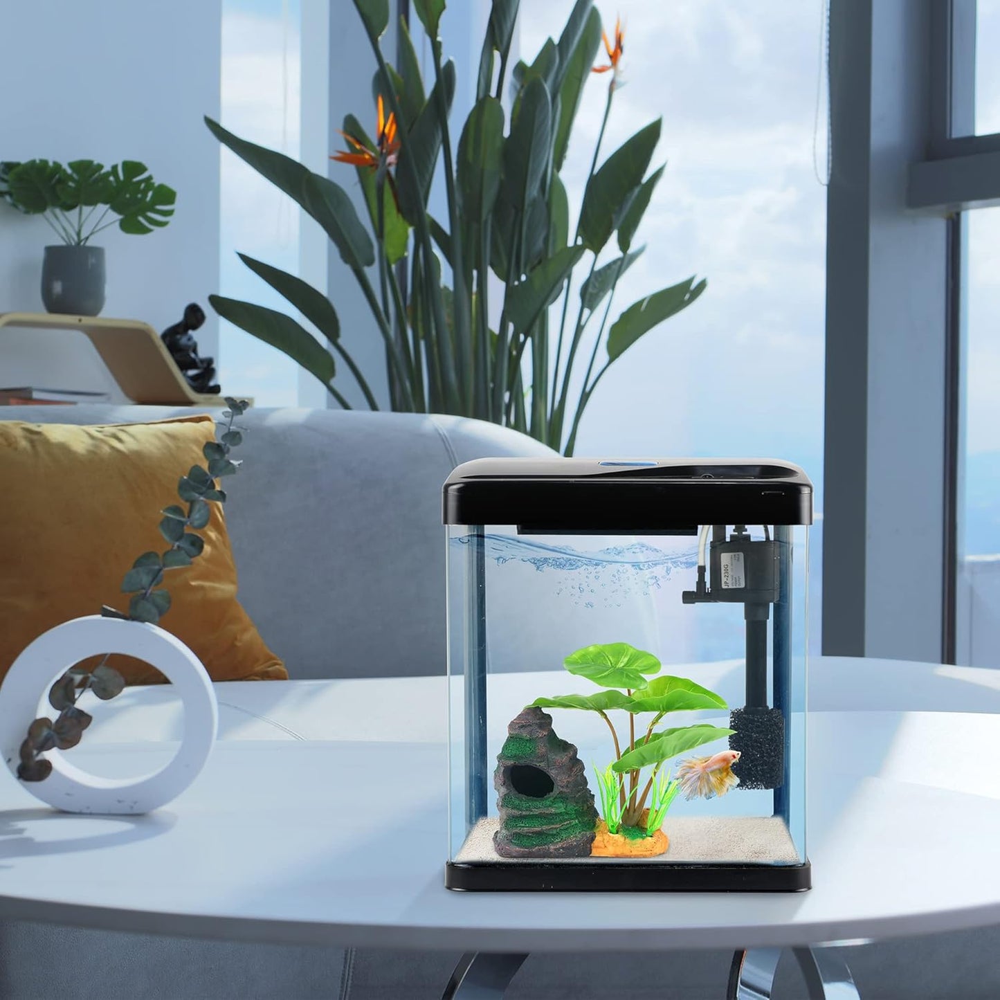 Betta Fish Tank Self Cleaning Glass 2 Gallon Small Nano Aquarium Starter Kits De
