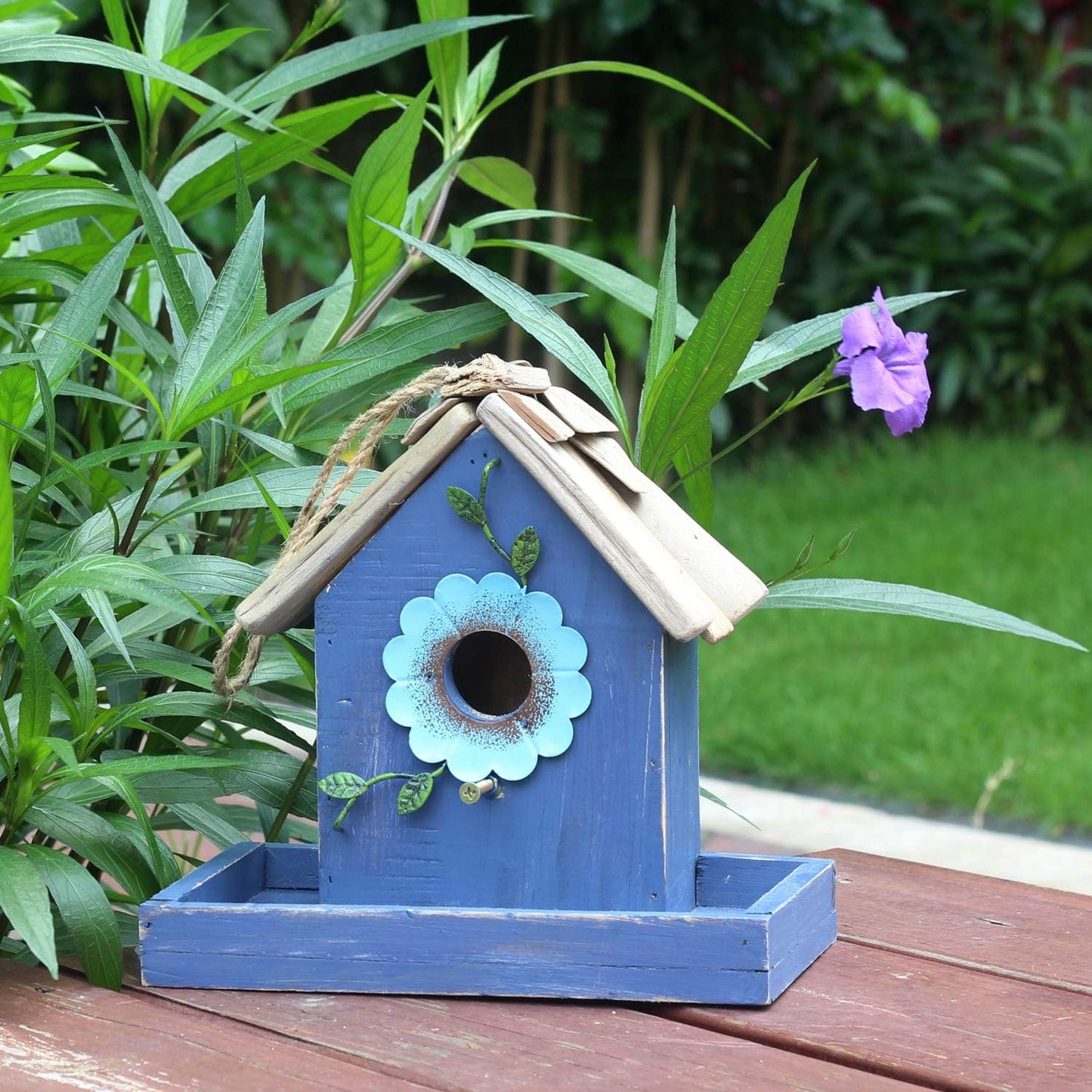 Bird Feeder House for outside Hanging, Wooden Birdhouse Bluebird House Feeder Handcrafted Hut