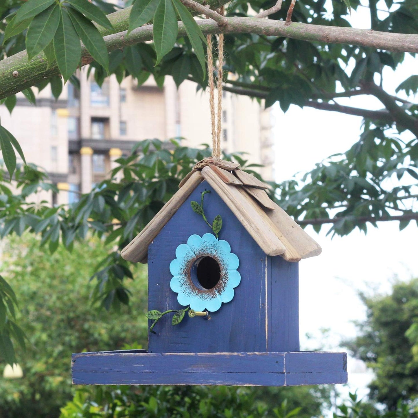 Bird Feeder House for outside Hanging, Wooden Birdhouse Bluebird House Feeder Handcrafted Hut